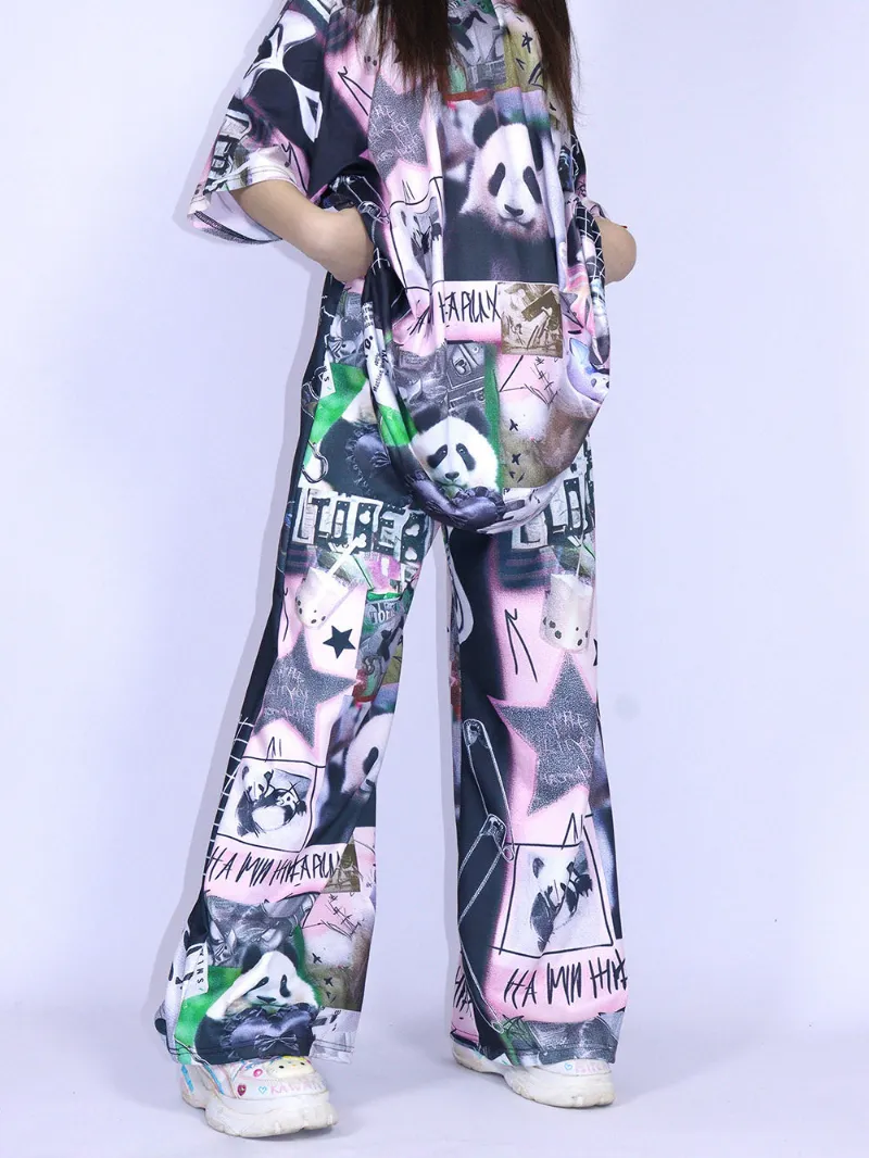 Juwas Black Pink Panda Graphic Wide Leg Pants showing playful panda design on relaxed trousers