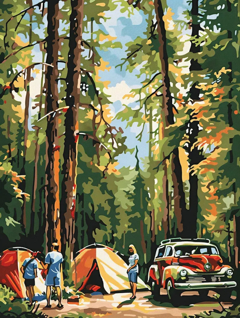 Maikoo Art Autumn Camping Memories Paint by Numbers kit showing fall campsite scene