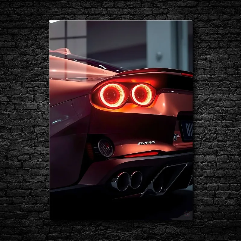 CruArt Crimson Pulse Metal Print showing red Ferrari rear view with glowing taillights in garage lighting