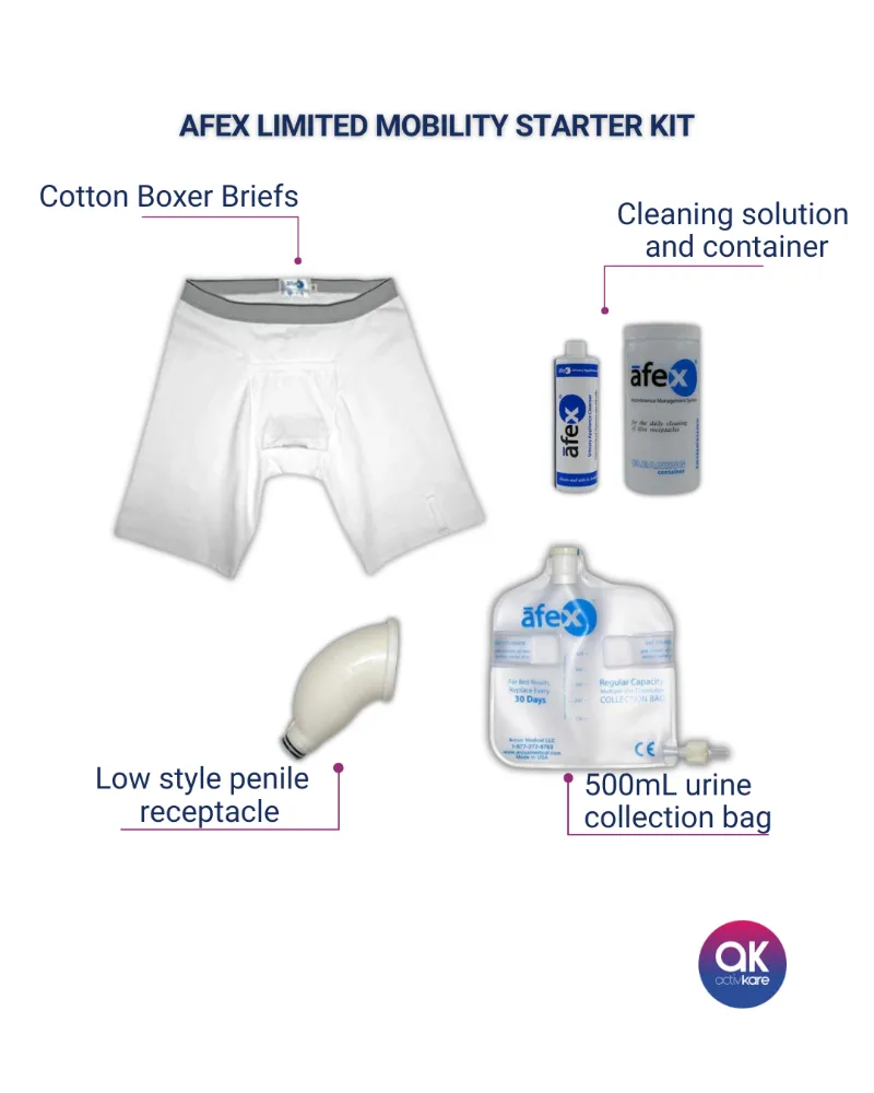 ActivKare Afex Limited Mobility Starter Kit with boxer brief, receptacle and collection bag