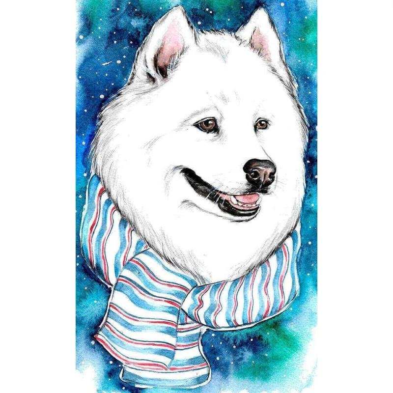 Varvikas 5D Diamond Painting White Friend LC010e, cheerful white Samoyed in striped scarf on snowy pixelated backdrop