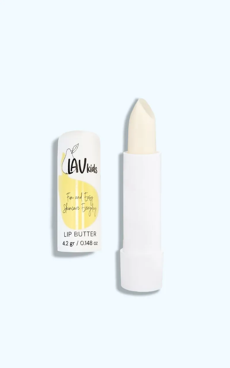 Lav Kids Moisturising Lip Butter shown in its packaging, a small hydrating balm for kids and teens