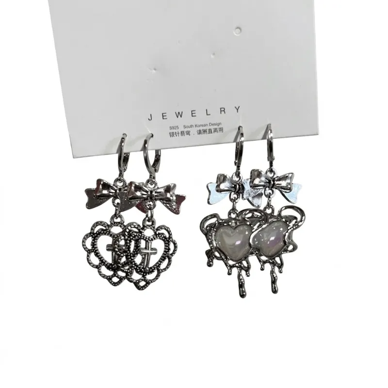 Shoptery Jirai Kei Mismatched Heart Cross Bow Dangle Earrings Silver with opal heart pendants and ribbon bow accents