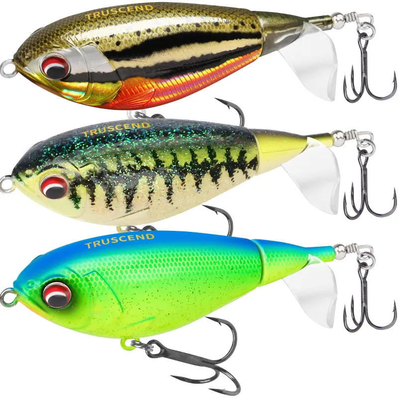Truscend Fishing PoPobait topwater lure with rotating paddle tail and BKK hooks