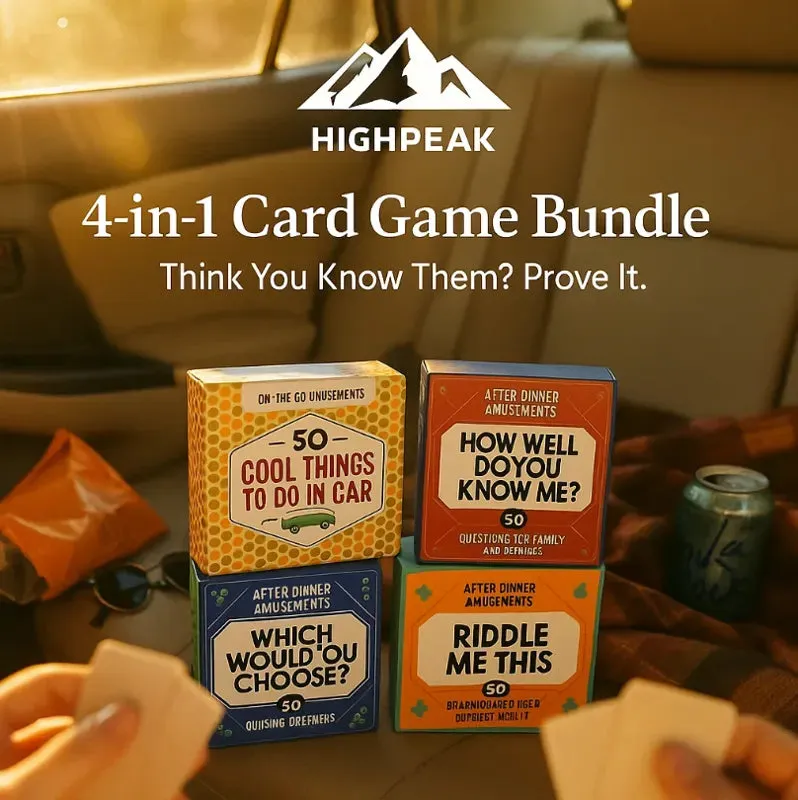 HighPeak 4-in-1 Card Game Bundle with four decks of cards spread out for a family game night