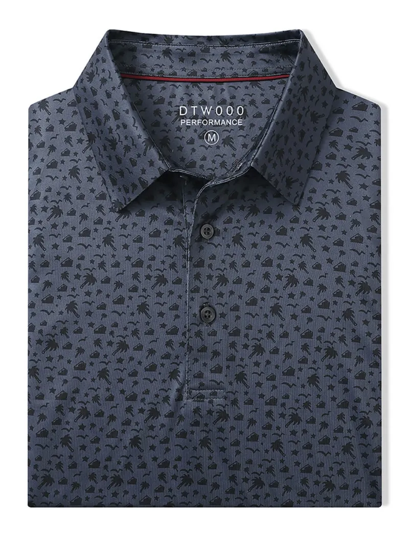 DTWOOO Men's Print Performance Polo in Night Beach print, collared golf polo with coastal design
