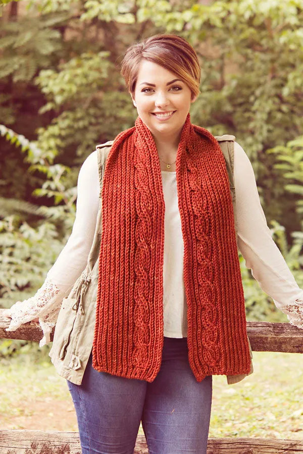 Kristen TenDyke Adamello Scarf knitting pattern showing textured brioche stitch with cable detail