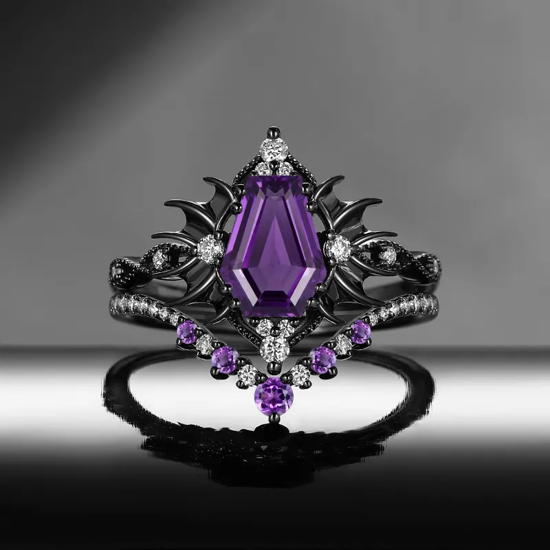 Starlandus Angel in Disguise Gothic Coffin Cut Natural Amethyst Vintage Bat Engagement Ring Set with bat wing band details
