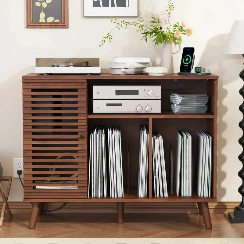 Retrolife Mid-Century Modern Record Player Stand with USB & Power Outlets, wood cabinet with slatted door