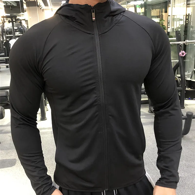 PUPU Sports Men's Full Zip Hooded Running Jacket Lightweight Quick Dry Fitness Hoodie front view