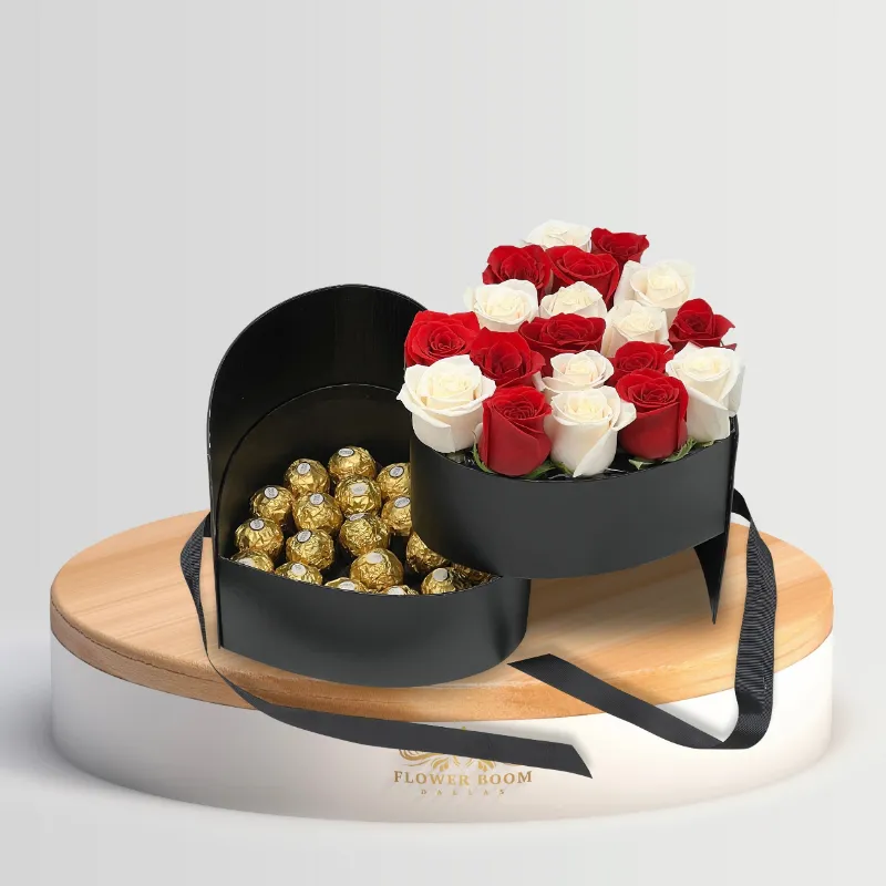 Flower Boom Dallas Red And White Roses & Chocolates In A Two Tier Heart Shaped Box with fresh roses and chocolates