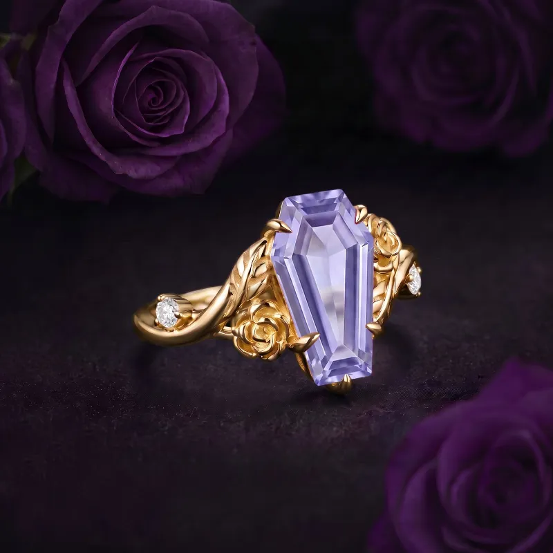 Starlandus A Rose Is A Rose Is A Rose nature inspired coffin lab lavender sapphire romantic rose flower engagement ring with rose-inspired b