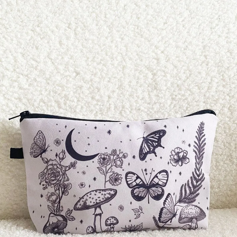 High Dreams Butterfly Mushroom Print Zipper Makeup Bag grey polyester pouch with butterfly and mushroom design