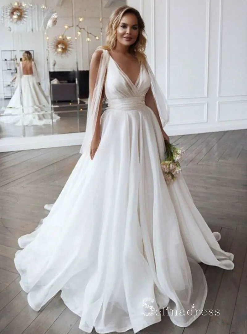Selinadress A-line Deep V neck Rustic Wedding Dresses Backless Bridal Gowns MHL2822 on model