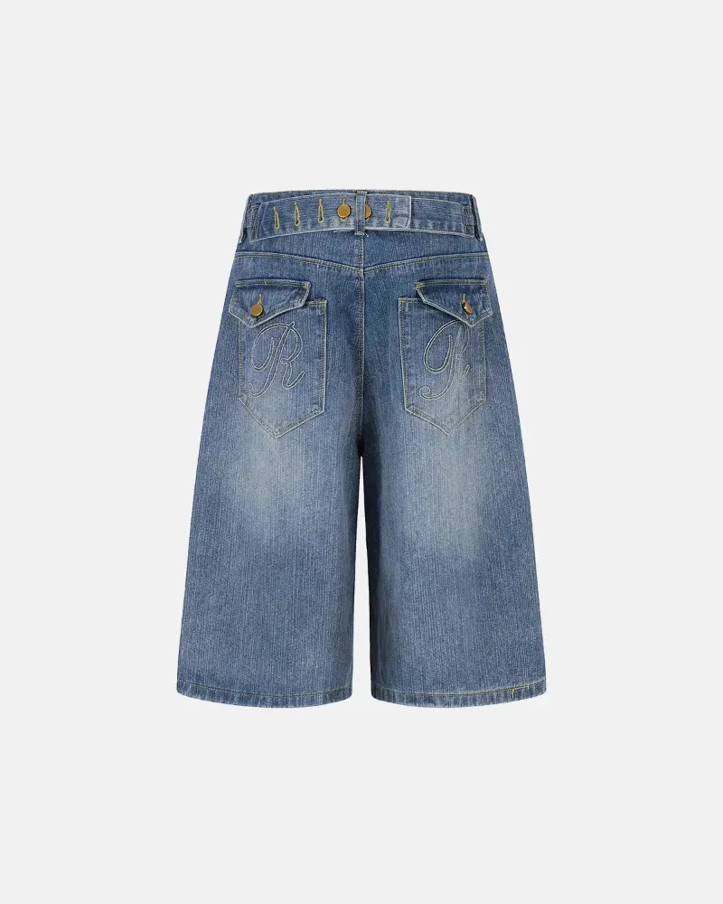 INFLATION Cinch Back Bamboo Weave Long Jorts with Paris buckle waist and contrast stitching
