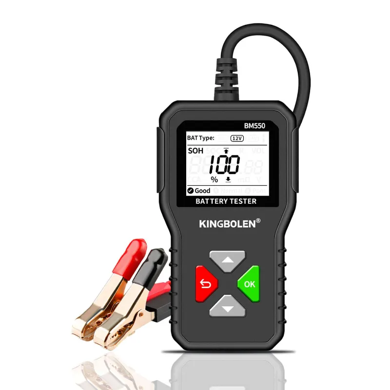 Kingbolen BM550 Auto Battery Tester with backlit screen and alligator clip connectors