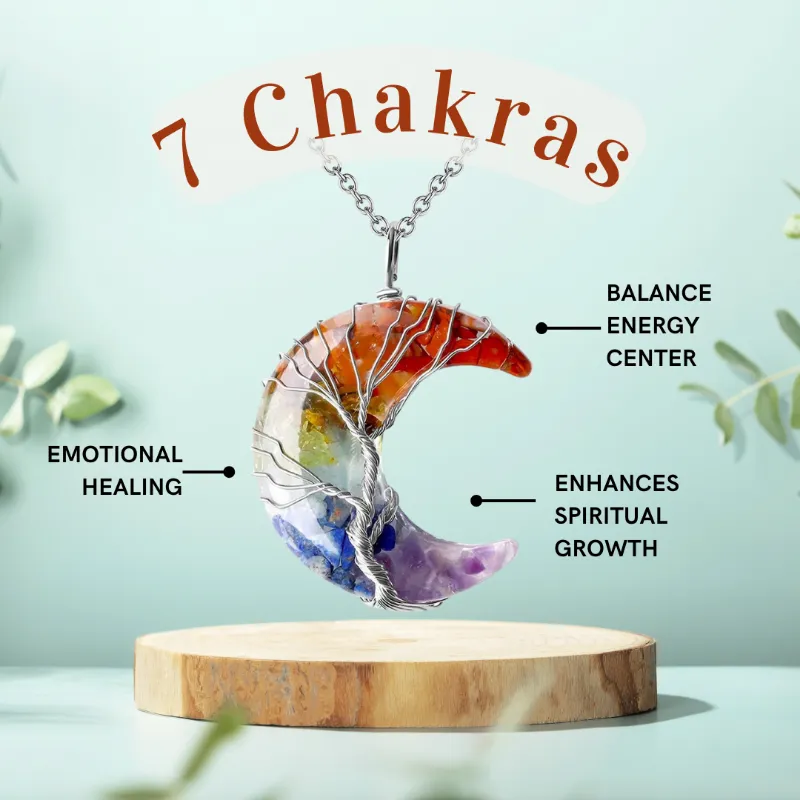 Turix 7 Chakra Crescent Moon Magic Wrapped Crystal Necklace showing colorful chakra stones in moon-shaped wire settings