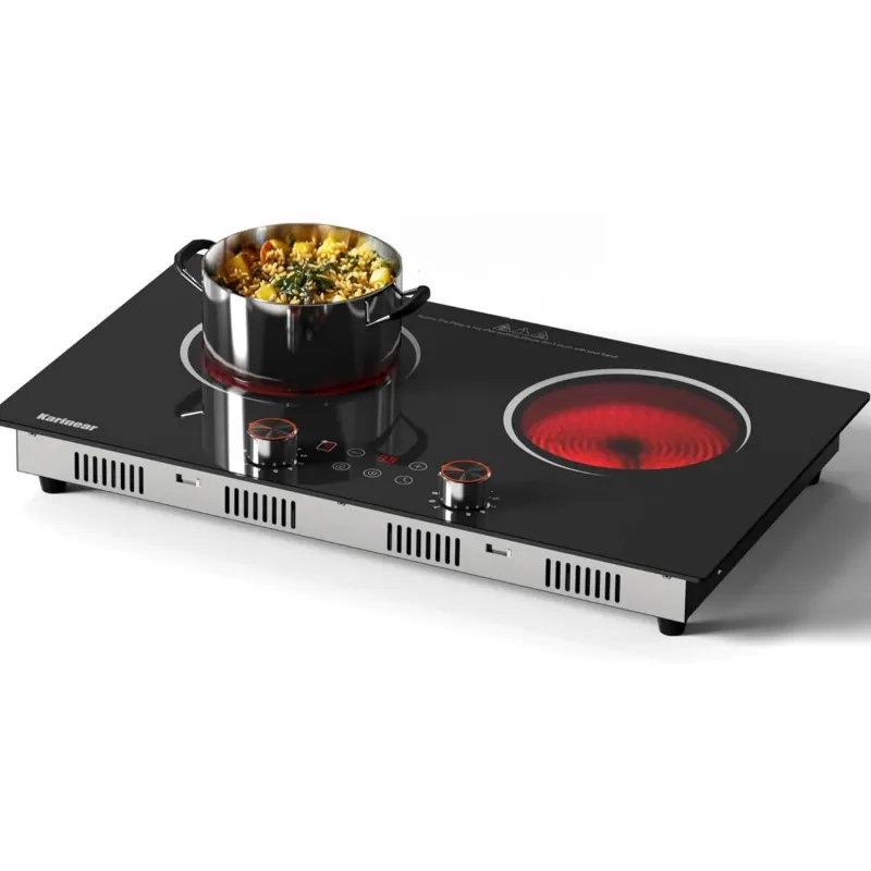 Karinear 24 Inch 2 Burner Electric Hot Plate With Knob Control, dual control interface on ceramic glass surface