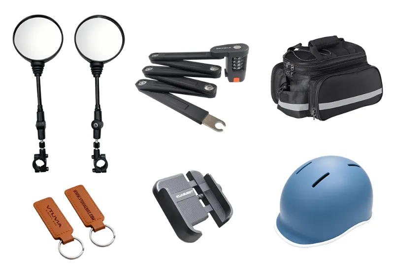 Qiolor Accessory Bundle with phone holder, bag, helmet, lock, mirrors and keychains