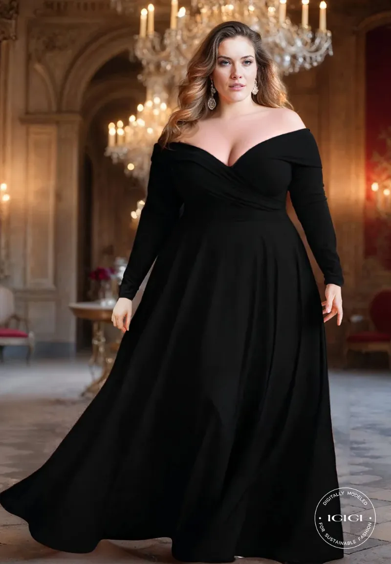 IGIGI Marie Plus Size Gown Black - elegant black floor-length gown on a curvy model