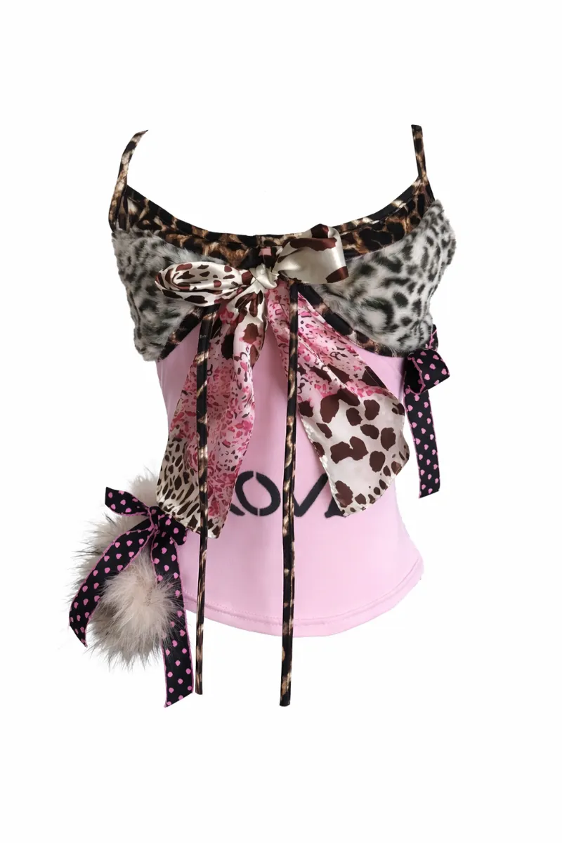 Shoptery Gyaru Leopard Print Bow Ribbon Layered Cami Top, leopard print halter cami top with bow accent