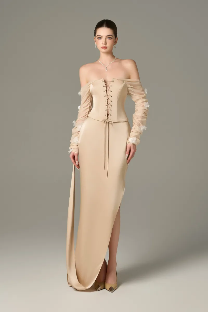 Kalisa Alluring Silk Chiffon Corset Top & Maxi Set, showing corset top and maxi skirt pairing