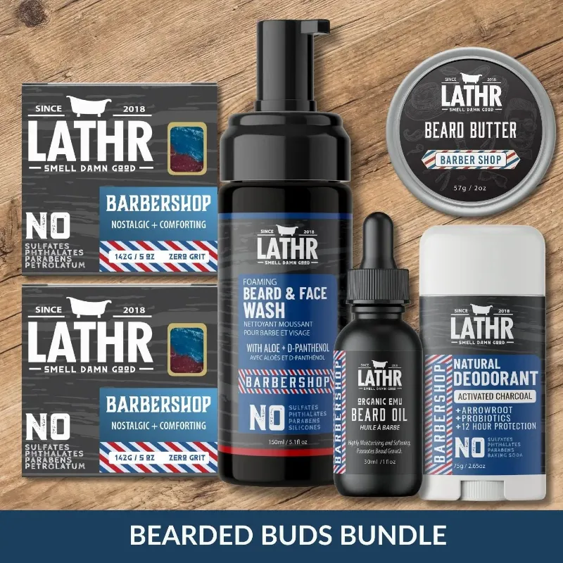 LATHR Bearded Buds Bundle with six grooming products for men with beards