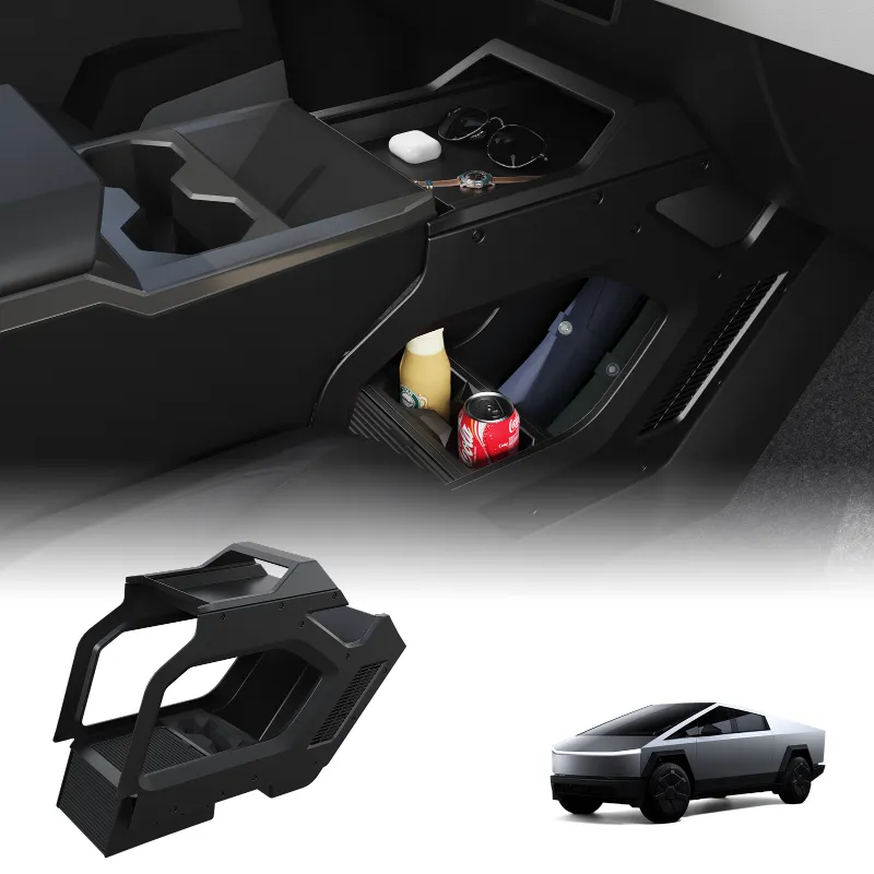 Tesstudio Aisle Central Storage box for Tesla Cybertruck lower center console showing double-layer organization