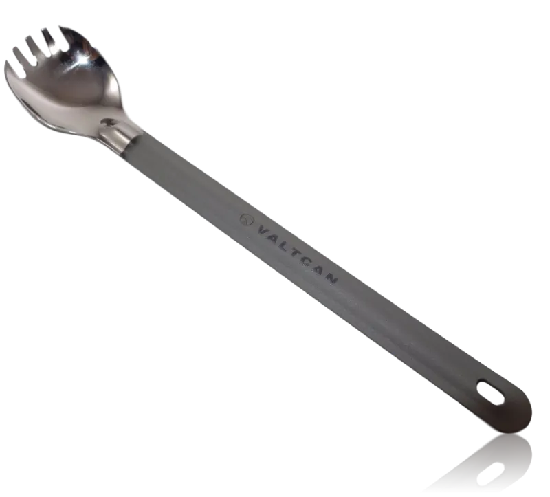 Valtcan Titanium Spork Long Handle with polished bowl and matte handle in carry bag