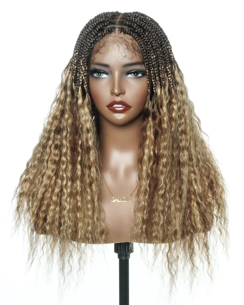 Jaliza 22 inch Mix Color #1B 4 27 Human Hair Curly Ends Pre Bleached HD Full Lace Knotless Box Braided Wig