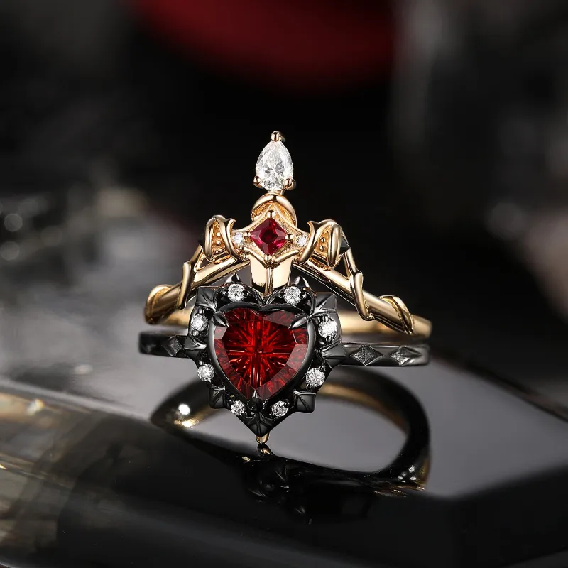 Starlandus Cupid's Arrow fantasy cut heart shaped garnet sword ring bridal set in two tone black and gold
