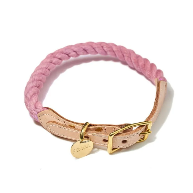 Found My Animal Blush Cotton Rope Cat & Dog Collar with leather and stamped tag