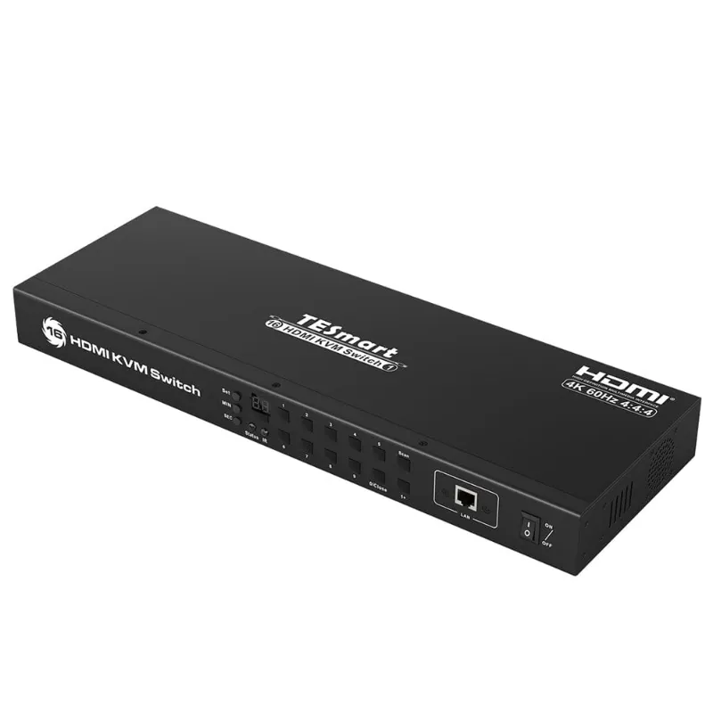 TESmart Refurbished 16 Port HDMI KVM Switch with 4K60Hz and RS232/LAN Control, front panel view