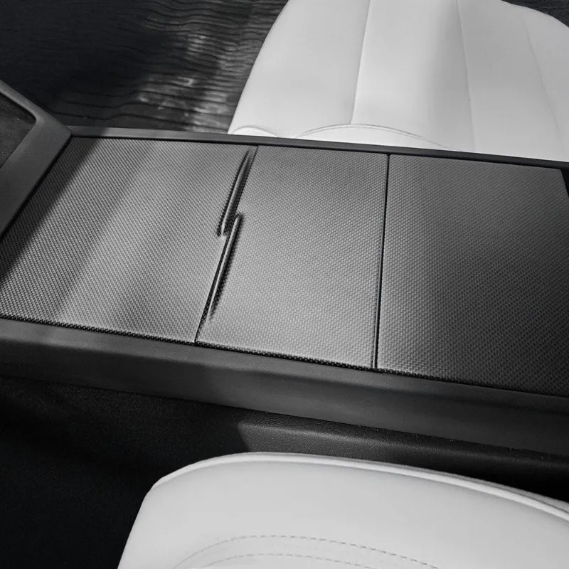 Tesstudio Carbon Fiber Center Console Cover for Tesla Model 3 Highland Model Y Juniper Model Y L showing woven carbon texture