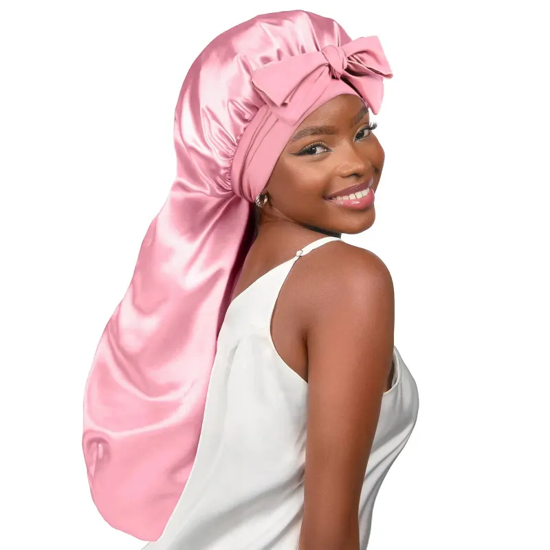 Yanibest Silk Butter Satin Bonnet For Braids in Millennium Pink with tie band