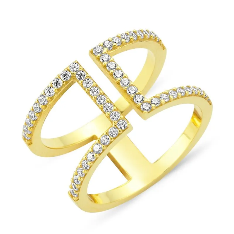 Amorium Jewelry Ires Dainty Double Band Silver Stacked Ring with CZ crystals and geometric crossbar