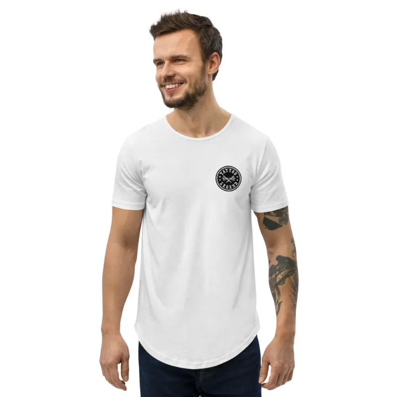 Painless Tattoo Tattoo Legend Scoop T-Shirt, soft cotton tee with curved hem on a model