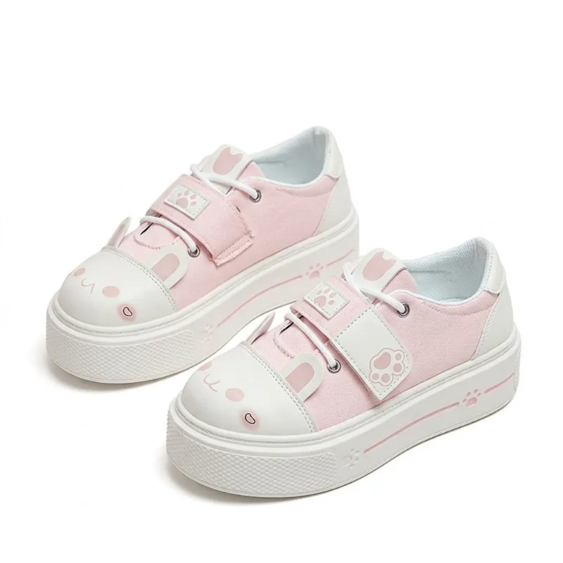 Shoptery Fairy Kei Pastel Cat Paw Platform Sneakers with cartoon cat print and lace-up closure