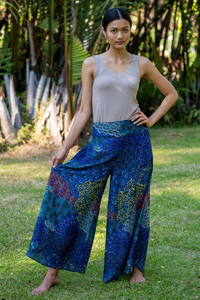 Hippie Pants Teal Ripple Palazzo Pants, wide-leg palazzo pants with layered floral shimmer print