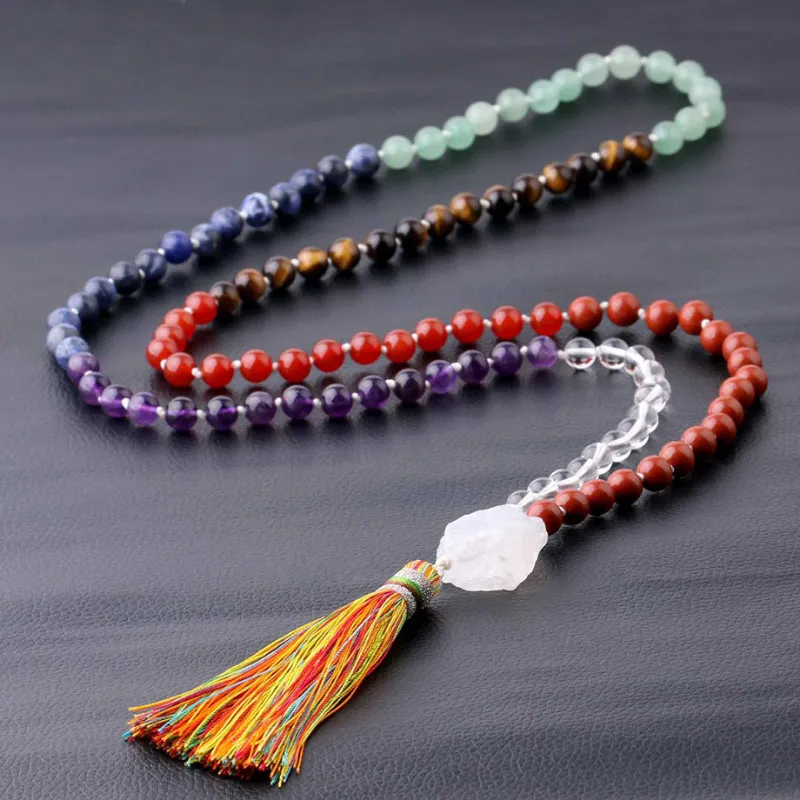 Turix 7 Chakras Crystals Mala showing 108 bead meditation necklace made with natural crystal beads