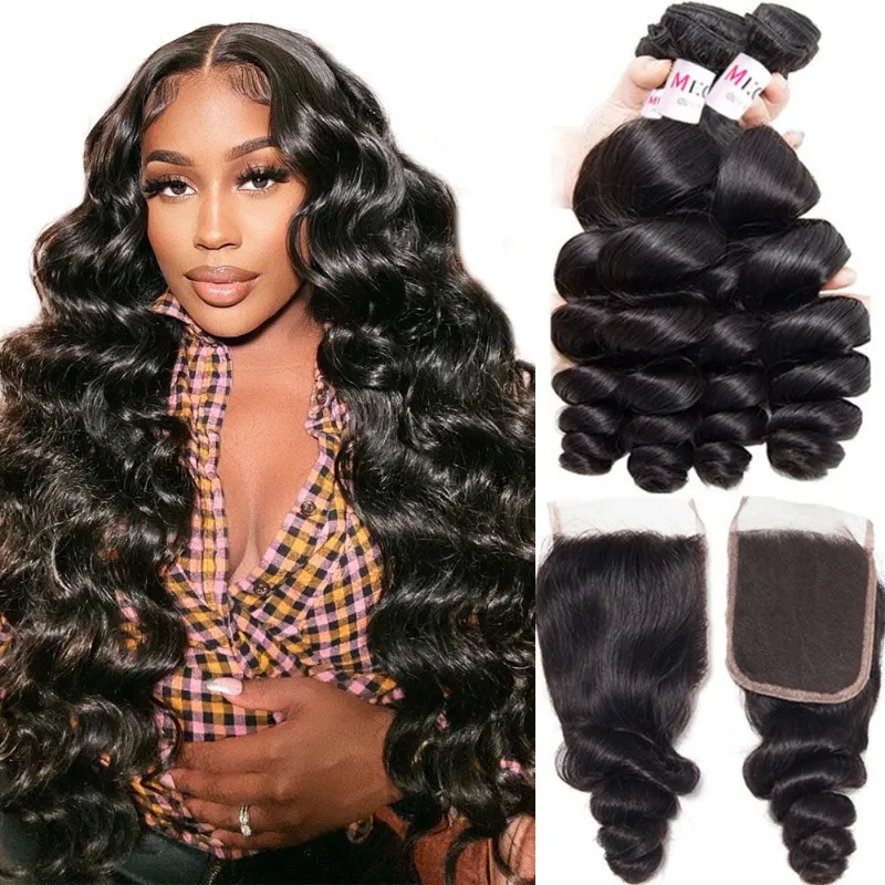 Megalook 10A Grade Loose Wave 3 Bundles with 5x5 Swiss lace closure, natural loose curl pattern