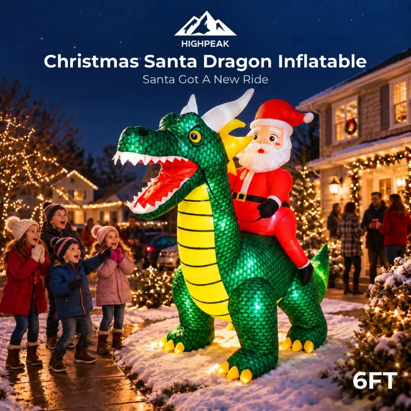HighPeak 6FT Santa Dragon Inflatable with LED lights riding a green dragon