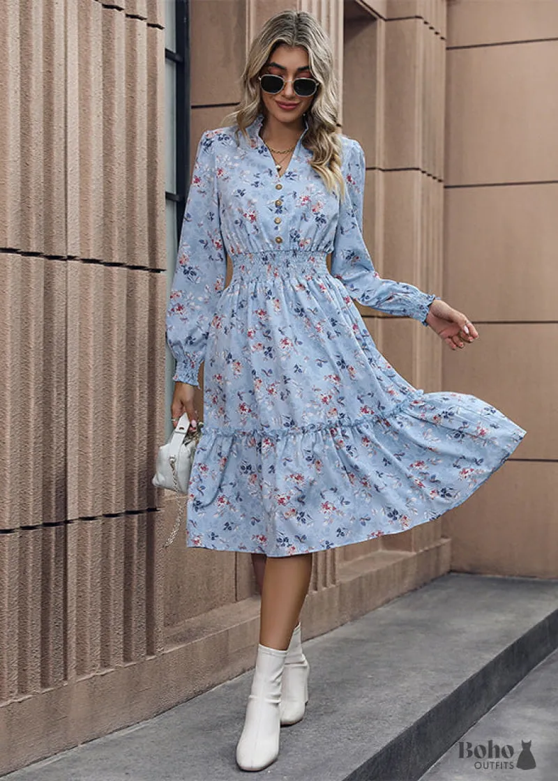 Boho Dress 2024 Autumn Long Sleeve Floral Dress in muted floral print with A-line skirt