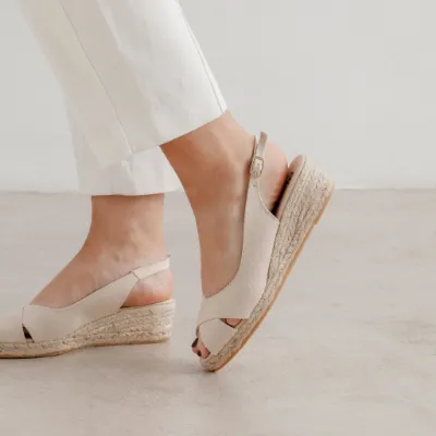 BIANKINA Oliva Women's Vegan Espadrille Wedge Sandals in beige tan with ankle strap