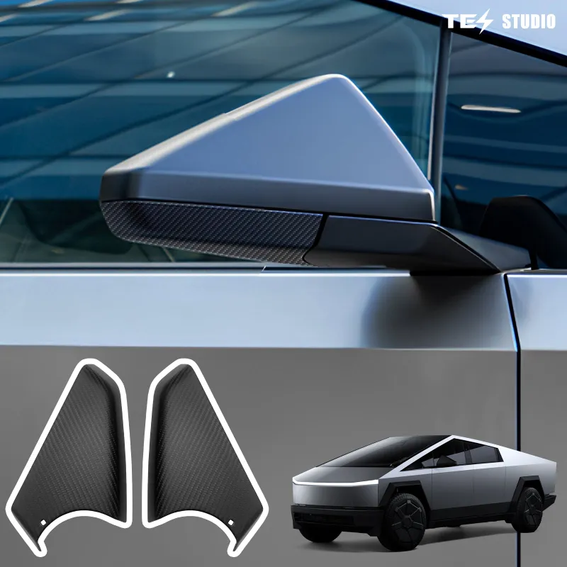 Tesstudio Carbon Fiber Rearview Side Mirror Bottom Covers on Tesla Cybertruck exterior with carbon weave
