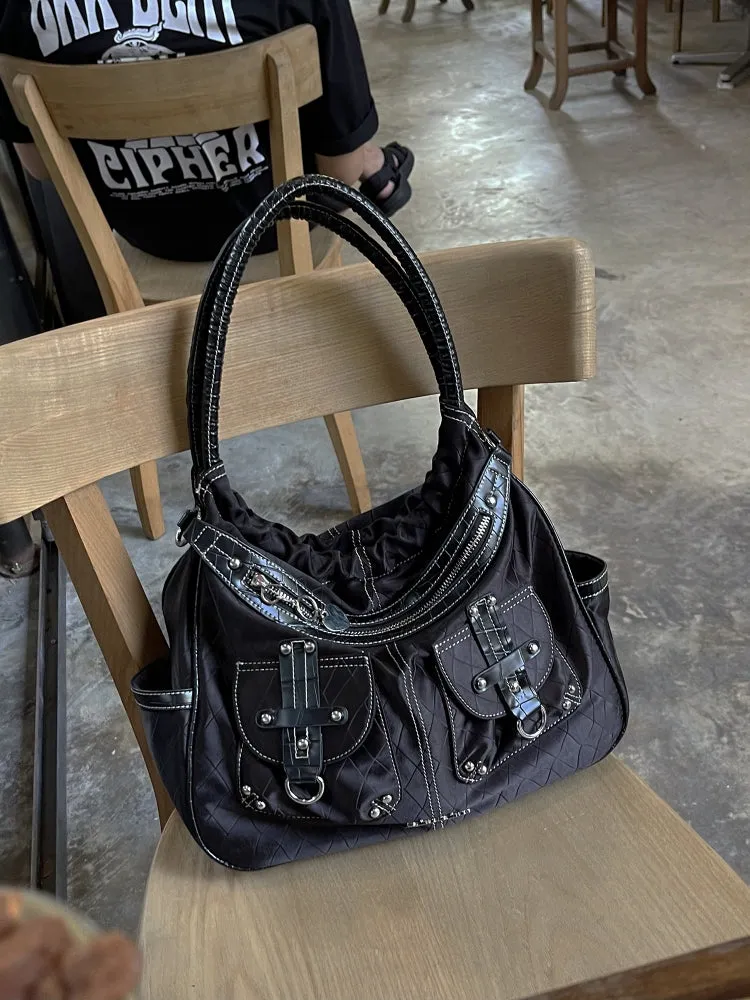 Juwas Baddie Y2K Heavy Metal Black Biker Bag with zipper detail.