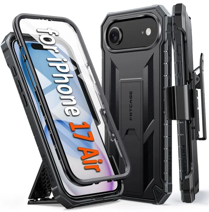 FNTCASE OFFICIAL Military Grade Rugged Cell Phone Cover with Kickstand and Belt Clip Holster for iPhone Air