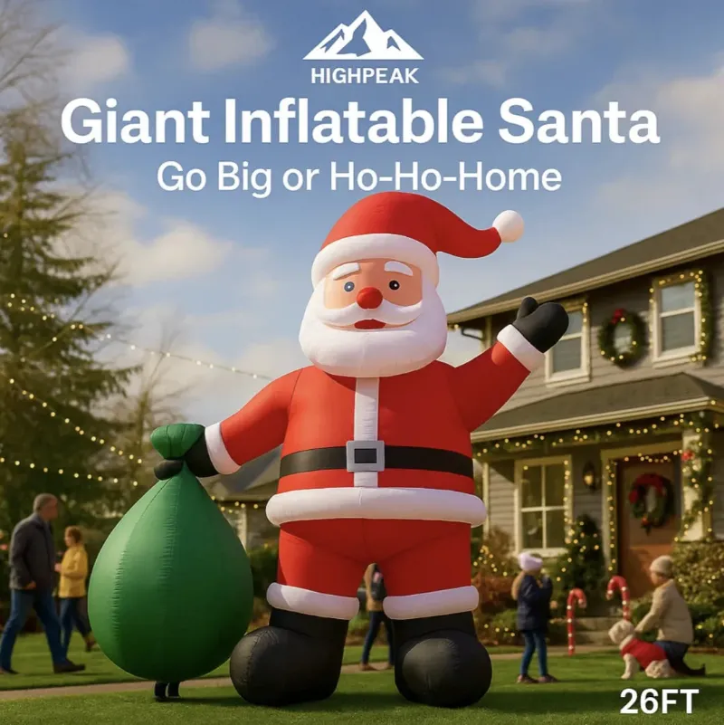 HighPeak 26FT Giant Inflatable Santa towering over a decorated front yard at night