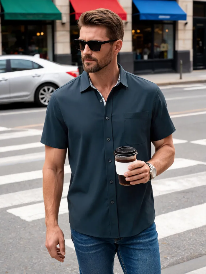 Maelreg Golf Cool Print Plain Button Up Shirt in solid color with hidden print details at collar