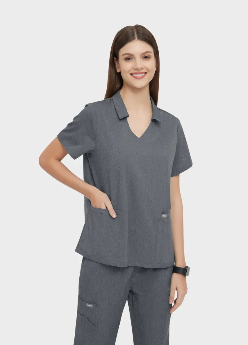 COMENII ElegCare Collar Scrub Top Graphite showing fusion V-neck mandarin collar and front pockets